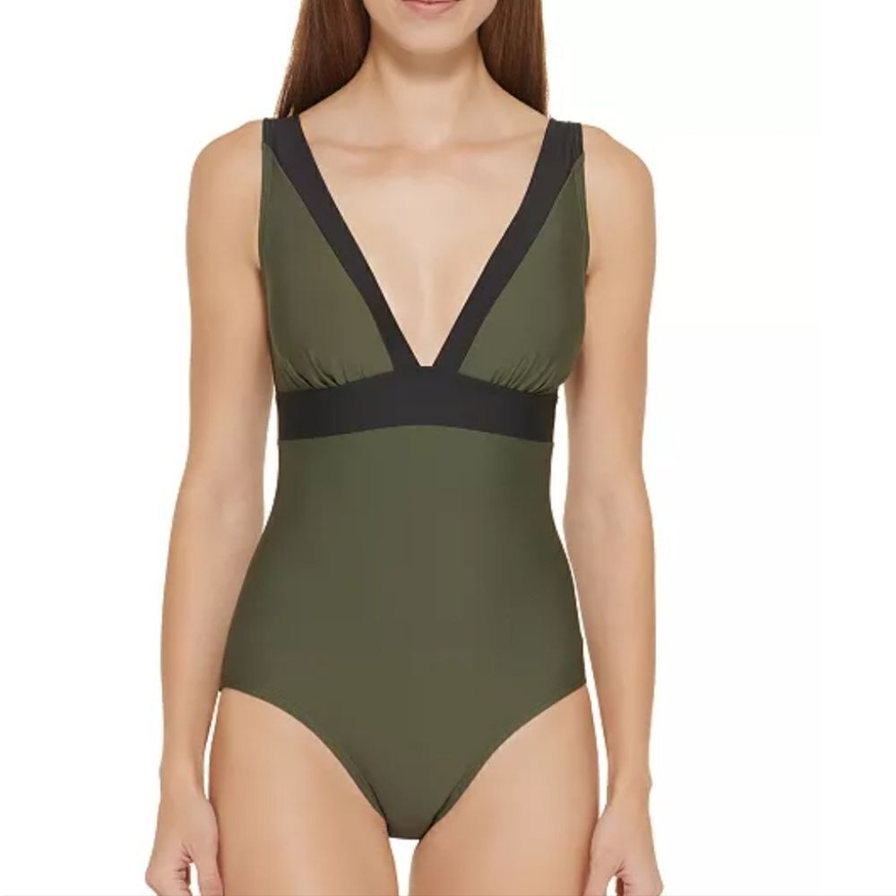 DKNY Black Contrast-Trim olive Army Green Women's  One-Piece Swimsuit sz 10 - Picture 5 of 8